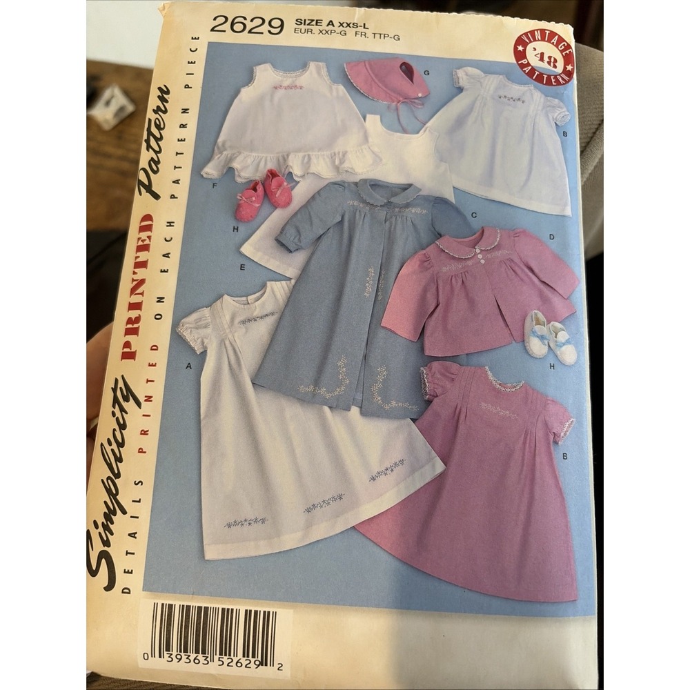 Simplicity 2629 BABIES' LAYETTE CHRISTENING DRESS,  COAT, BONNET, BOOTIES Uncut
